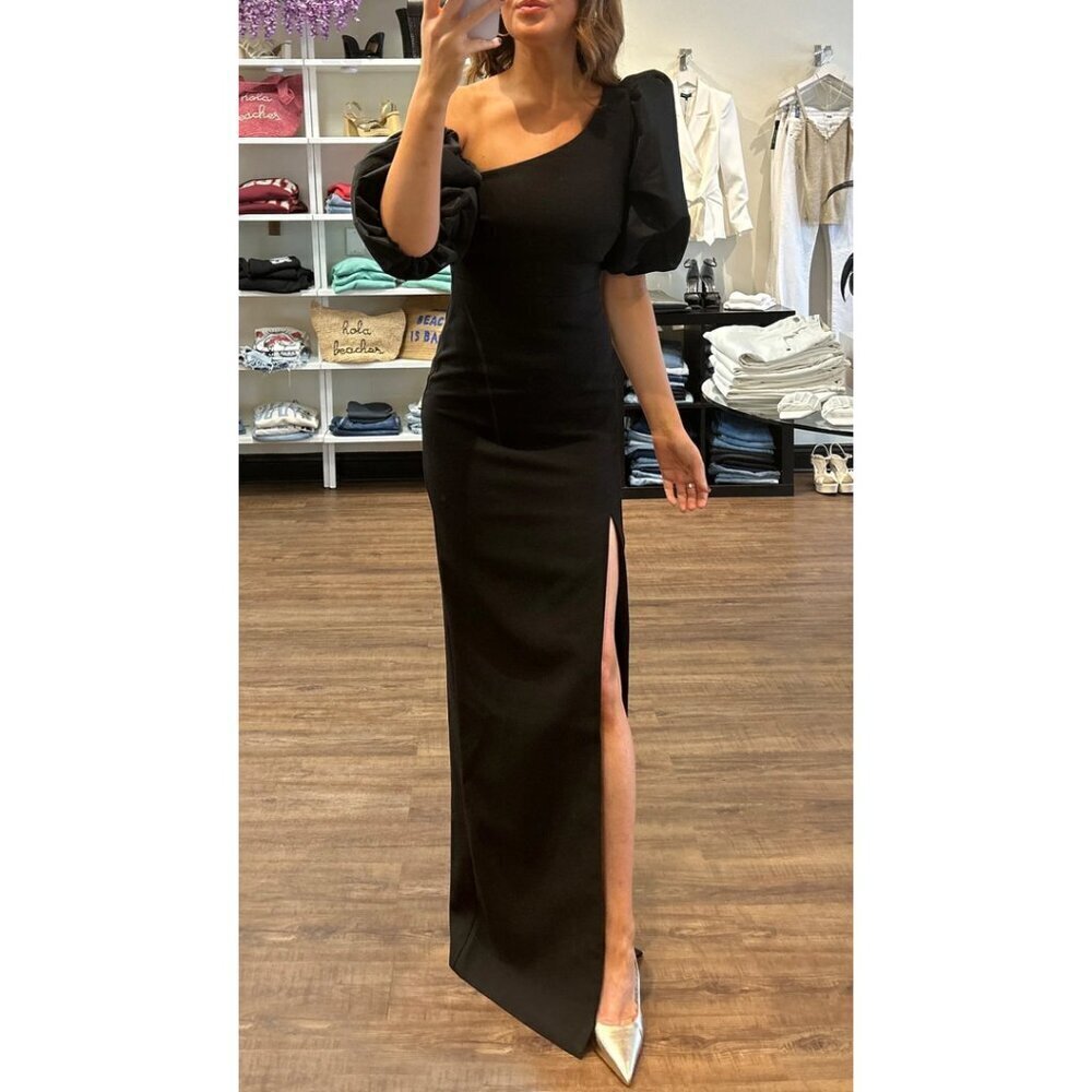LIKELY Natasha One-Shoulder Puff Sleeve Gown in Black Size US 0